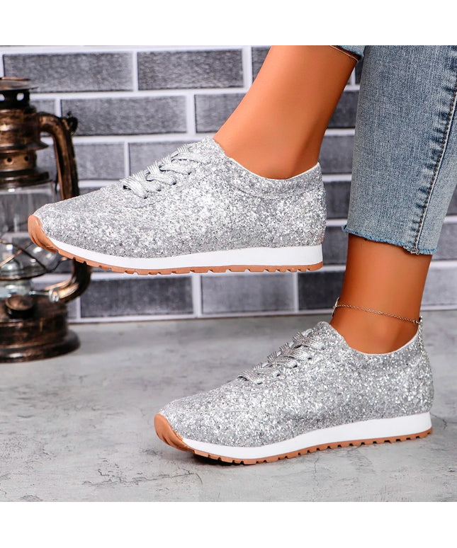 Women Flat Glitter Sneakers Casual Bling Vulcanized Shoes Female Mesh Lace Up Platform Comfort Plus Size Fashion Ladies Autumn