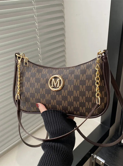 Vintage Style Handbag Crossbody Bag, Gold Letter 'M' Design Pu Leather Shoulder Messenger Bag, Synthetic Leather Tote Bag, Purse