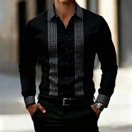 Men's Retro Geometric Print Shirt, Stylish Long-Sleeve Black Shirt, Business Casual Men's Top, Multiple Colors Available, XS-6XL