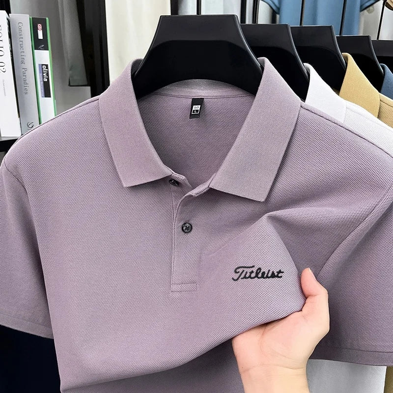 Men's Summer New Cotton 100% Short-Sleeved Polo Shirt, Collar Brand Printed T-Shirt, Breathable Casual Business Men's Clothing
