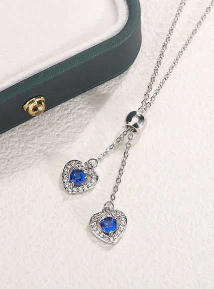 Classic Double Heart Blue Zircon Pendant Necklace - Sparkle
