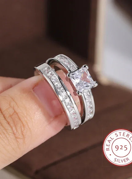 925 Sterling Silver Double Row Zircon Micro Inlaid Style Wedding Diamond Ring Set Ring Zircon For Couple Ring