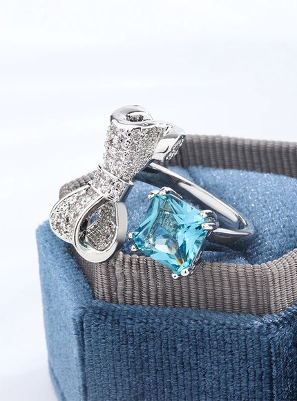 Sweet Wind Girl Sense Water Drop Bow Ring Light Luxury Design Opening Adjustable Blue Sugar Diamond S925 Couples for Women