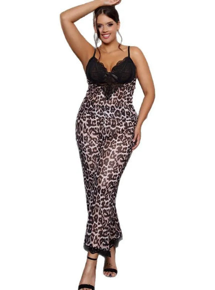 Sexy Satin Pajama Set Leopard Print Spaghetti Strap Top With Lace Trim And Elastic Pant Soft Sleepwear Nightwear from M-5XL