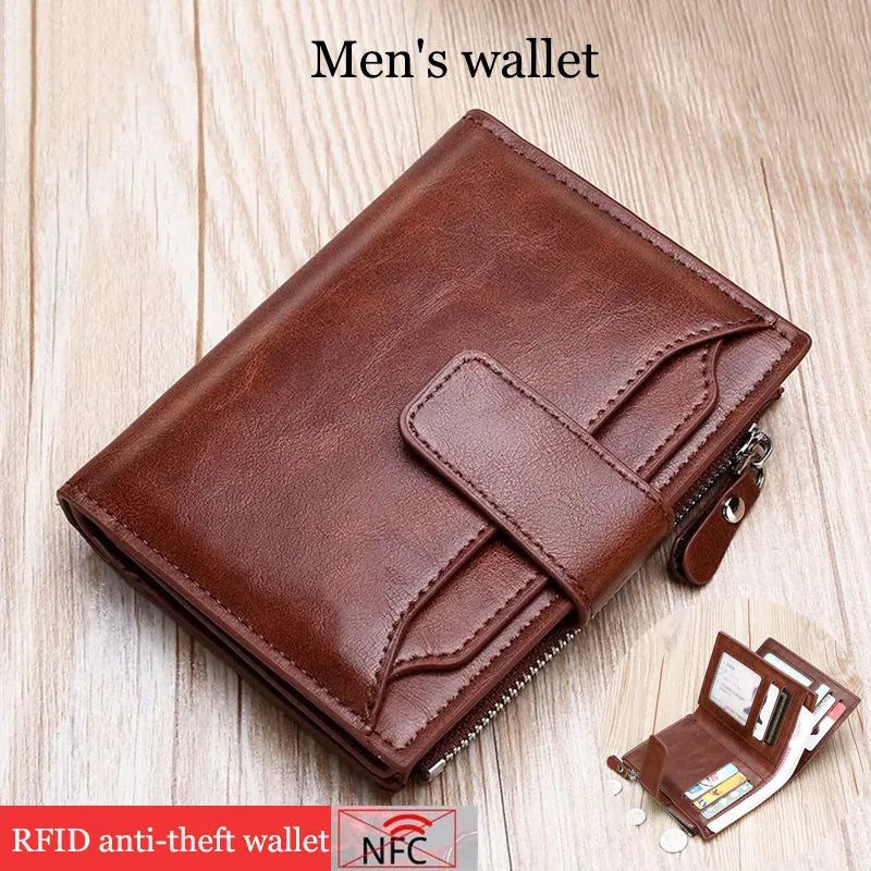 Men's Coin Purse Wallet RFID Anti-theft Man Leather Wallet Zipper Business Card Holder Money Bag Wallet Male