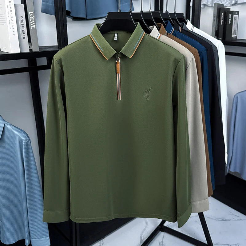 Men's Cotton Long Sleeved T-shirt with Collar Polo Shirt High-end Embroidered Top Autumn Loose Base Shirt