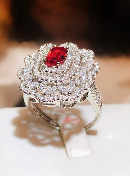 KissIcon Luxury Dark Red CZ Ring For Brides - Floral Design
