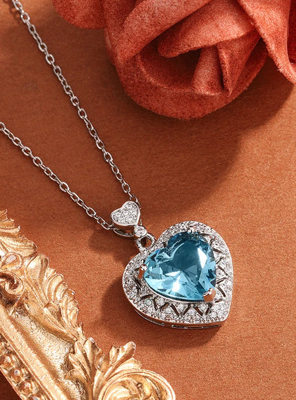 Blue Heart Zircon Pendant Necklace Sparkling 925 Silver Gift