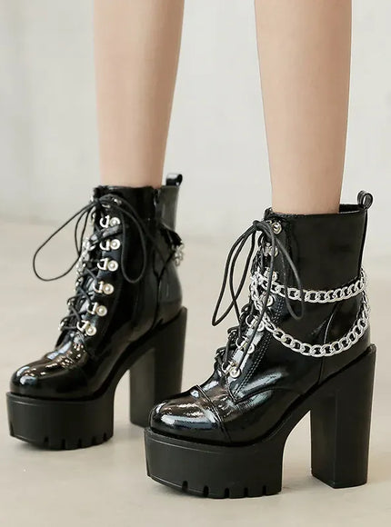 KissICON Punk Style Super High Heel Goth Boots Black