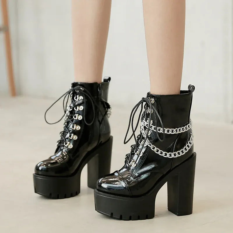 KissICON Punk Style Super High Heel Goth Boots Black