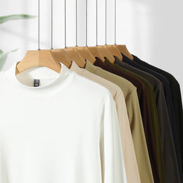 2026 New Men's Casual Solid Color High Collar Velvet Long Sleeve T-shirt Spring and Autumn Versatile Comfortable Top