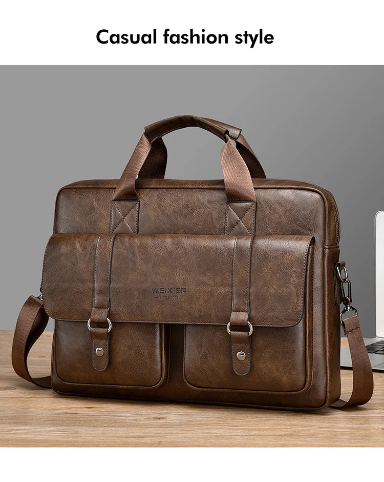 Mens Business Briefcase Large Capacity PU Leather Laptop Bag Fashion Crossbody Shoulder Tote Bag for Work Office