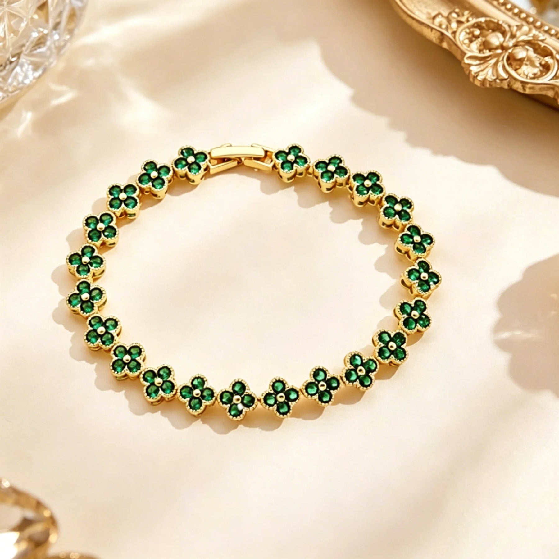Colorful Zircon Lucky Four-Leaf Flower Bracelet for Women Flower CZ Stone Gold Plated Tennis Bracelet Fragrance Jewelry