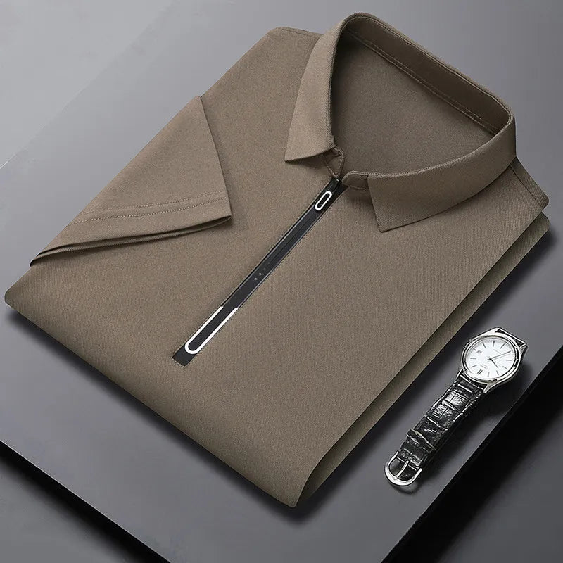 New Men's Business Casual Zipper Short Sleeve Solid Color Polo Shirt Fashionable Warm Comfortable Four Seasons Versatile Top