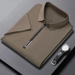 New Men's Business Casual Zipper Short Sleeve Solid Color Polo Shirt Fashionable Warm Comfortable Four Seasons Versatile Top