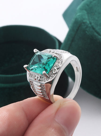 Unisex S925 Silver Engagement Rings Square Green Zircon