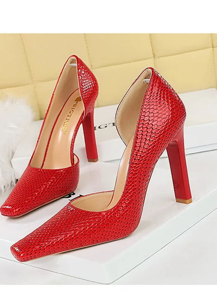 Woman Vintage Snake Print Pumps Square Toe Patent