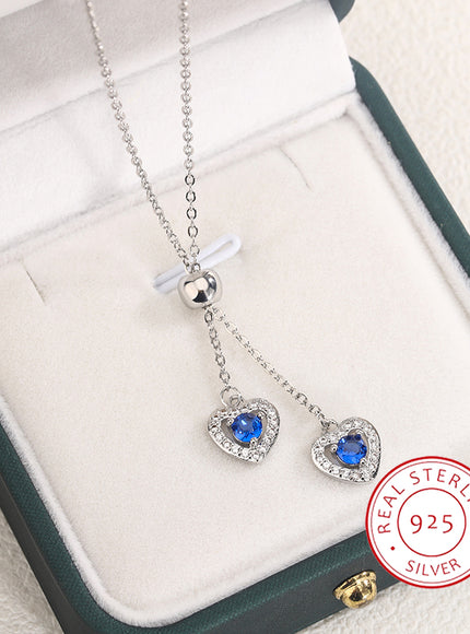Classic Double Heart Blue Zircon Pendant Necklace - Sparkle
