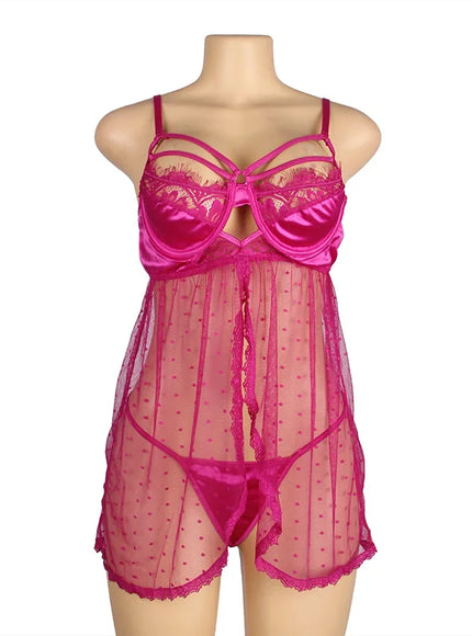 Lovely Transparent lace mesh with polka dots Hot Pink Woman babydoll chemise lingerie set pajama set with G-String from M-5XL