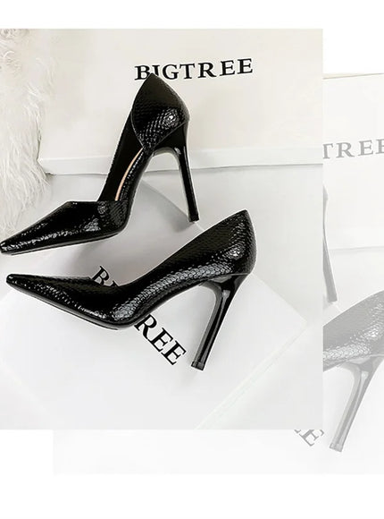 Woman Vintage Snake Print Pumps Square Toe Patent