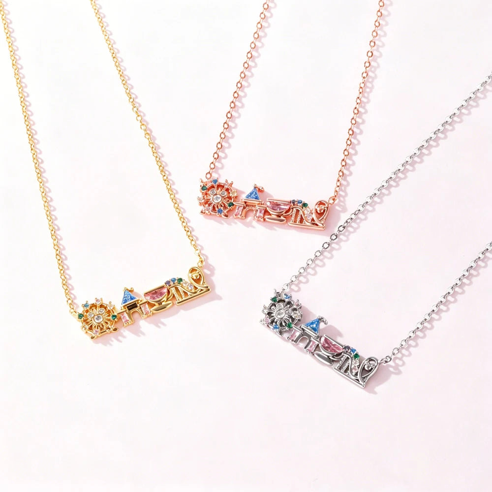 18K Gold Plated Colored Zircon Inlaid Amusement Park Pendant Necklace Cute Sweet Design Versatile Fashion Jewelry Girl 's Gift