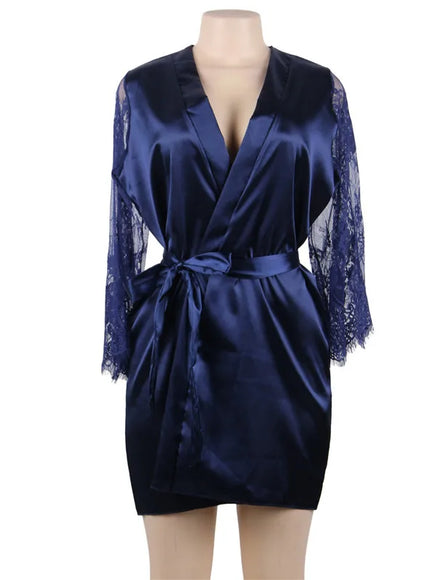 Big Size Women's Faux Silk Robe Set Transparent V Neck Sleepwear Nightgown Plus Size Sexy Babydoll Lingerie with Panties