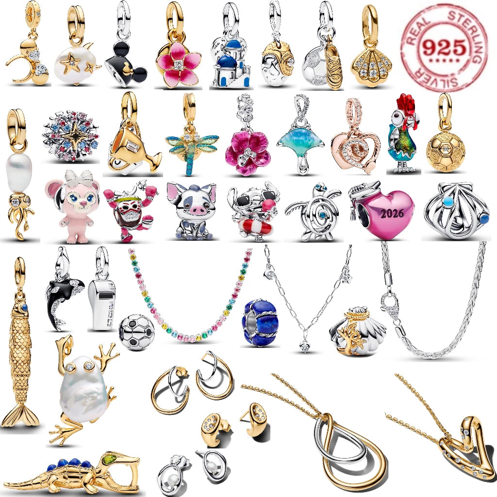 Hot Sale 2026 New Disney 100%925 silver Summer Ocean Series charm Bead Necklace Earrings Women's DIY Fashion Jewellery Gift Best