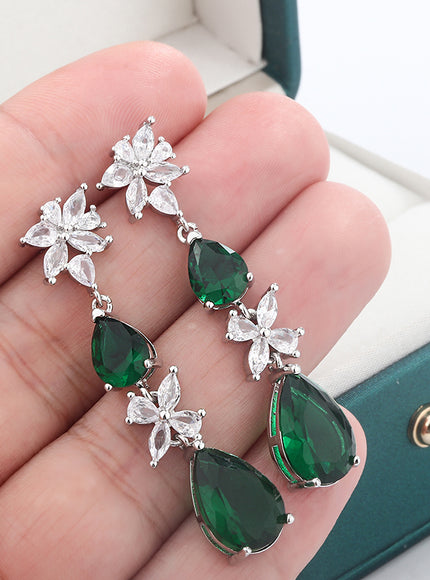 KissIcon Green White CZ Drop Earrings - Lightweight