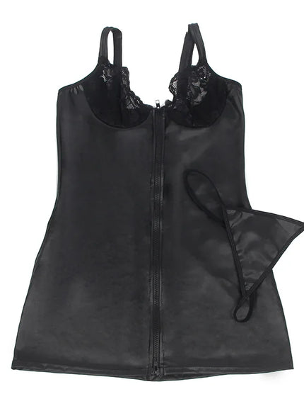 Plus Size Sexy woman zipper open faxu leather PU Dress lingerie set Clubwear night wear Hot from M-5XL