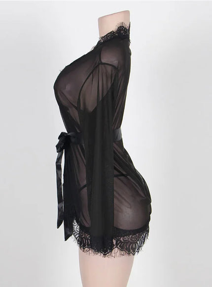 High Quality Women's Sheer Mesh Robe Set Transparent V Neck Sleepwear Nightgown Plus Size Sexy Babydoll Lingerie with Panties