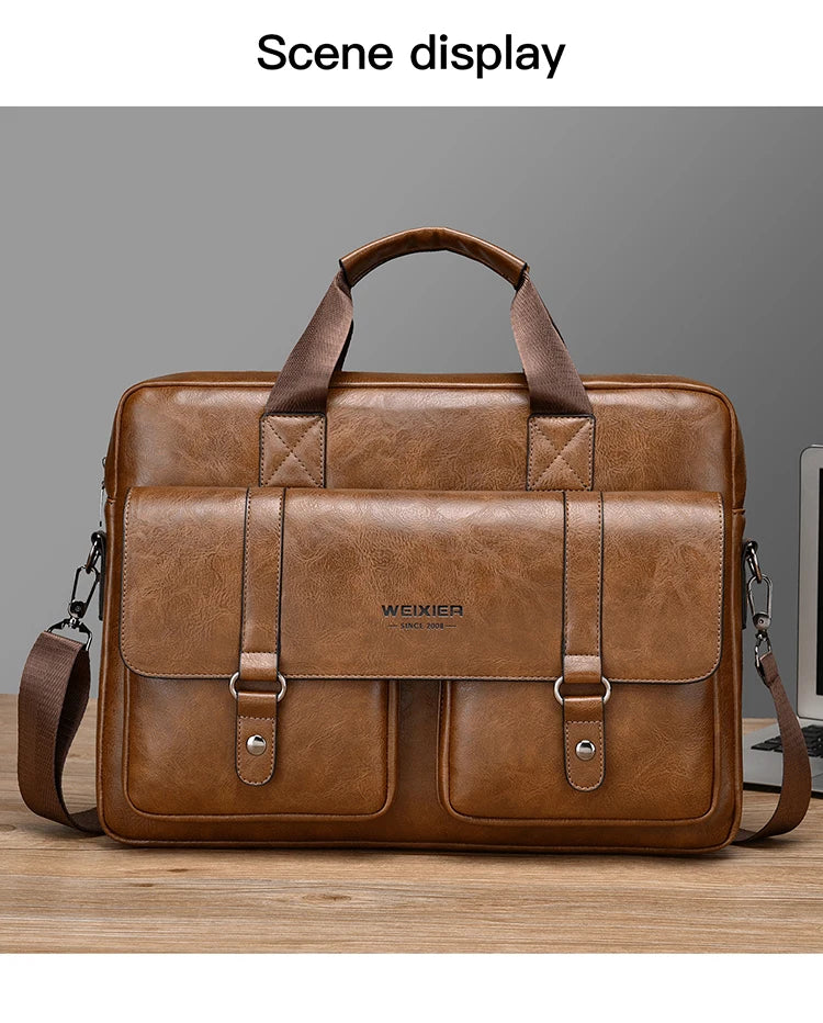 Mens Business Briefcase Large Capacity PU Leather Laptop Bag Fashion Crossbody Shoulder Tote Bag for Work Office