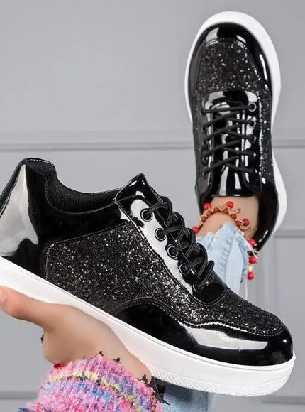 Shiny Silver Women Casual Shoes Leather Platform Sports Shoes Woman Glitter Bling Sneakers Black Flat Sneakers Skateboard Shoes