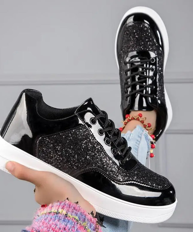Shiny Silver Women Casual Shoes Leather Platform Sports Shoes Woman Glitter Bling Sneakers Black Flat Sneakers Skateboard Shoes