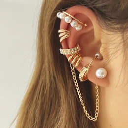 KissICON Type2-GD 5pcs/set Trendy Elegant Design Ear Cuff Classic Elegant Style Gifts Women's No Piercing Clip Silver Earrings Circle Leaf Shaped