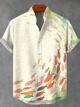 Summer Men's Printed Short Sleeve Shirt Vintage Linen Shirt Men's Festival Casual Short Sleeve Top Street Trend Fast Delivery