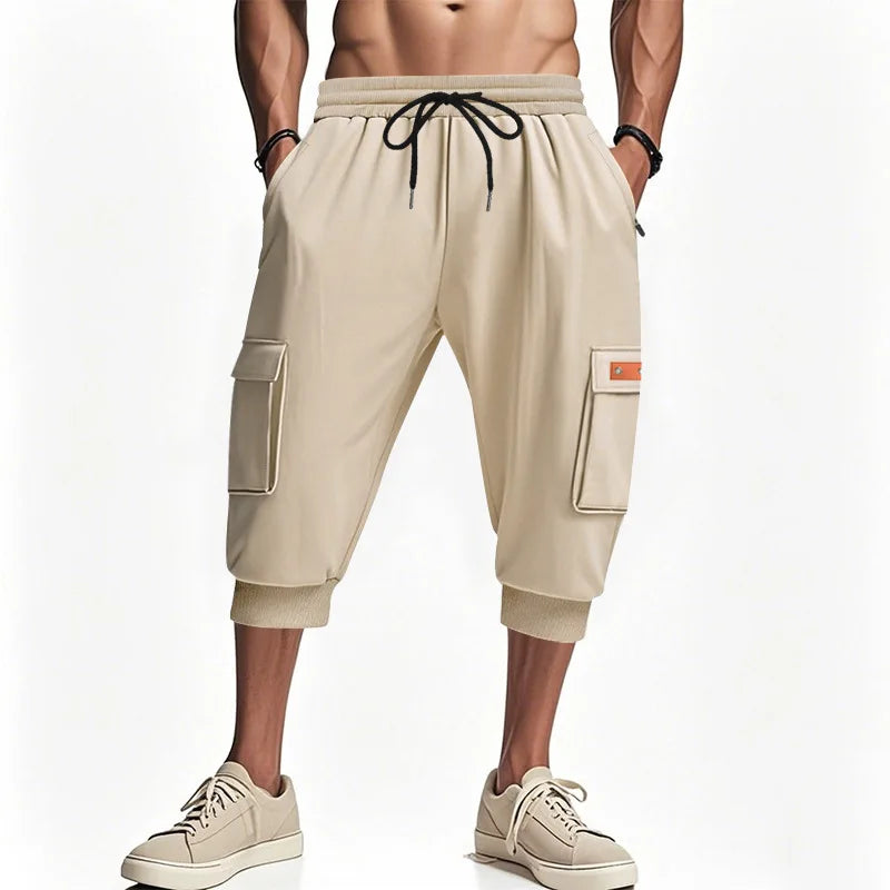 Men Elastic Drawstring Waist Cargo Capri Shorts Multi Pockets Jogger Cropped Sweatpants Casual Sports 3/4 Pants