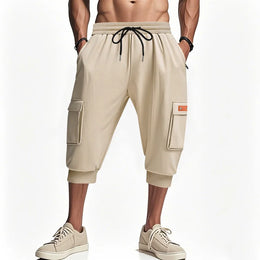 Men Elastic Drawstring Waist Cargo Capri Shorts Multi Pockets Jogger Cropped Sweatpants Casual Sports 3/4 Pants