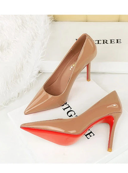 Fashionable Simple Slim Heels High Heels Glossy Patent
