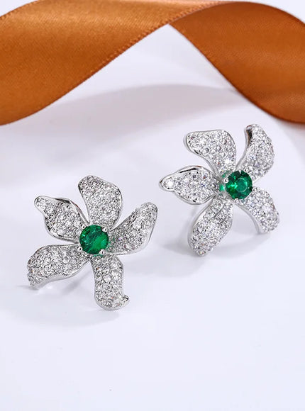 KissIcon Beautiful 925 Silver Earrings - Green Zircon Flower