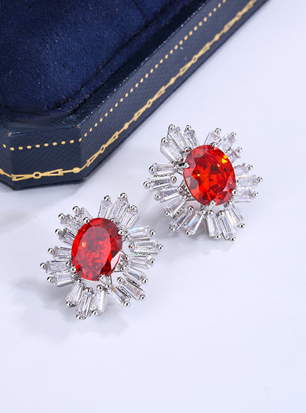 Beautiful 925 Silver Plated Stud Earrings for Women Fashion Red Zircon Jewelry Sparkling Party Earrings High Class Accessories