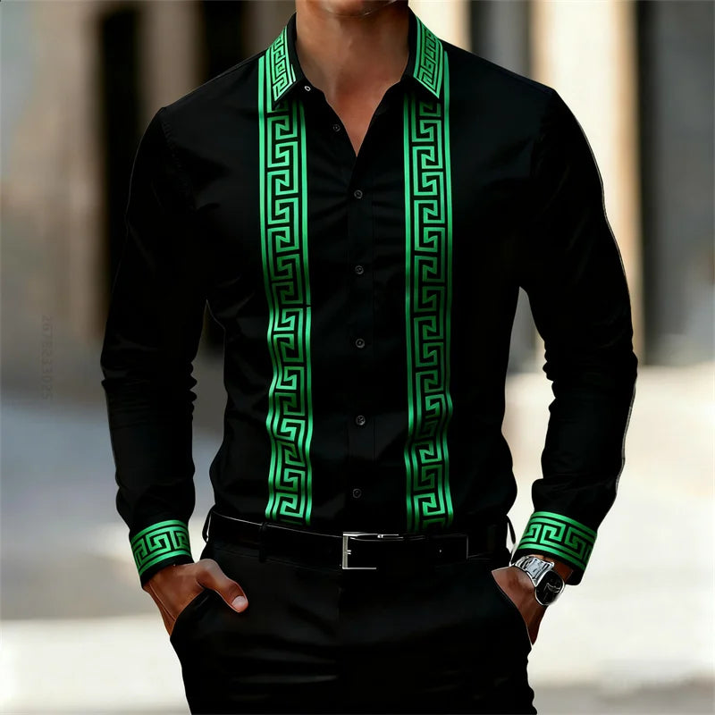 Men's Retro Geometric Print Shirt, Stylish Long-Sleeve Black Shirt, Business Casual Men's Top, Multiple Colors Available, XS-6XL
