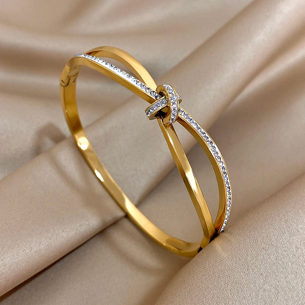 Luxury Stainless Steel Cuff Bracelet Bangle Set for Women Men Gold Plated Bracelets Inlaid White Rhinestone Wide Bangles Gift