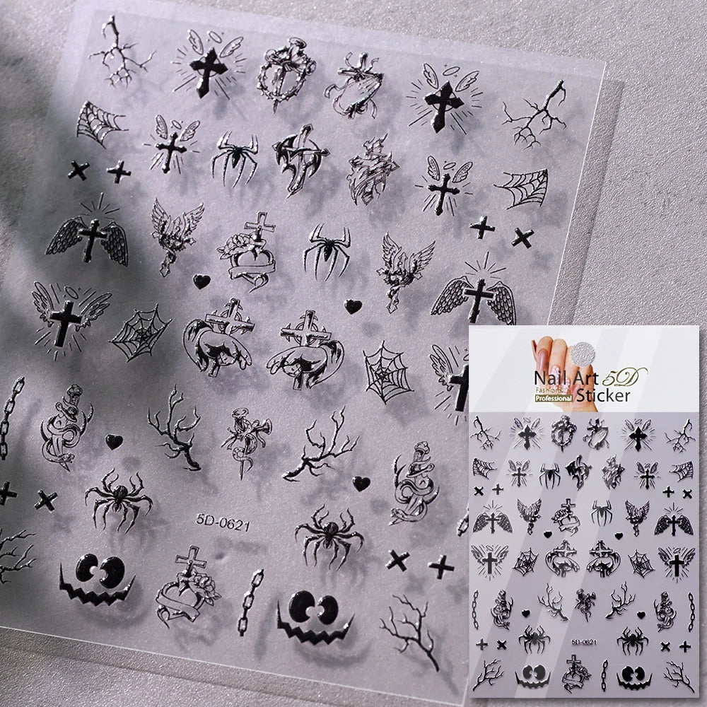 5D Skeleton Bat Halloween Nail Art Stickers y2k Black Bat White Skull Adhesive Emobossed Nail Decorative Decals Halloween Slider