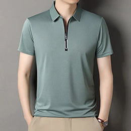 New Men's Business Casual Zipper Short Sleeve Solid Color Polo Shirt Fashionable Warm Comfortable Four Seasons Versatile Top