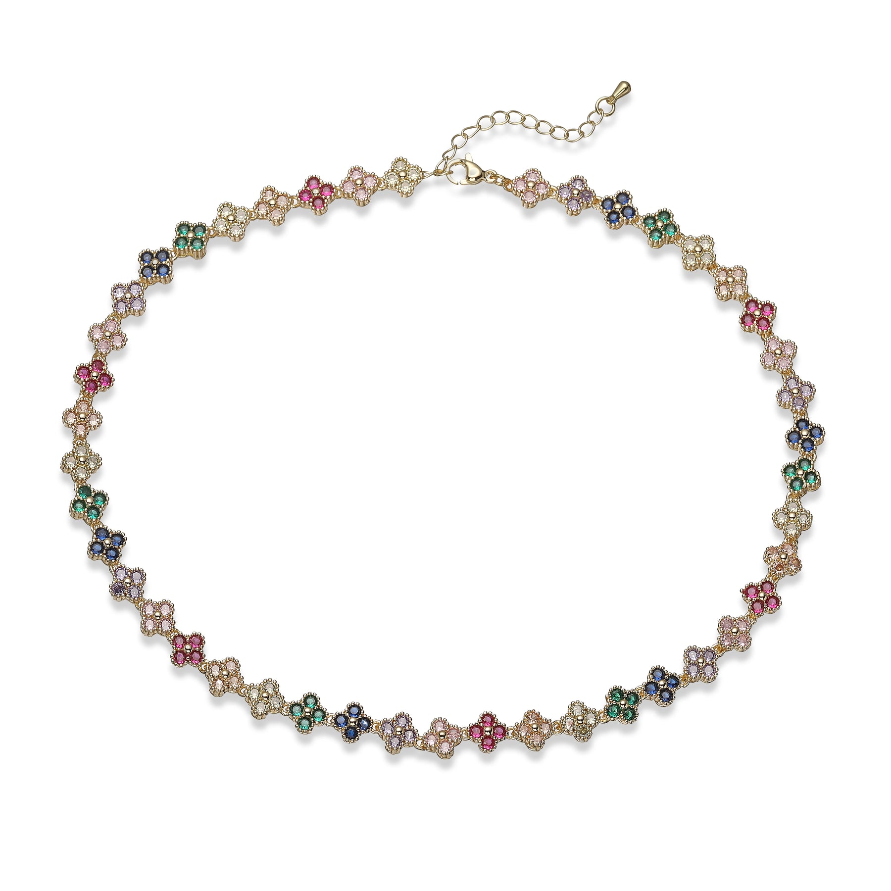 HECHENG, Bijoux Colorful Flower CZ Stone Brass Metal Bracelet/Necklace,Lobster Clasp, Adjustable, Minimalist Romantic Jewelry