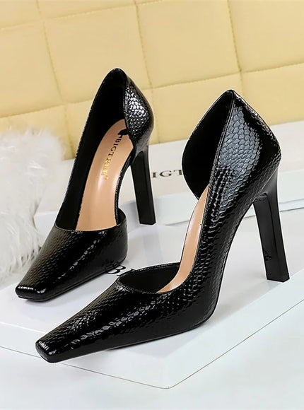 Woman Vintage Snake Print Pumps Square Toe Patent