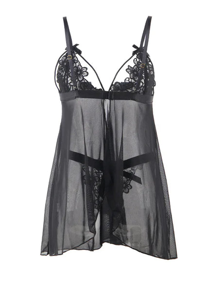 Plus Size Sexy women black mesh transparent babydoll chemise nighgown sleepwear lingerie Set from M-5XL