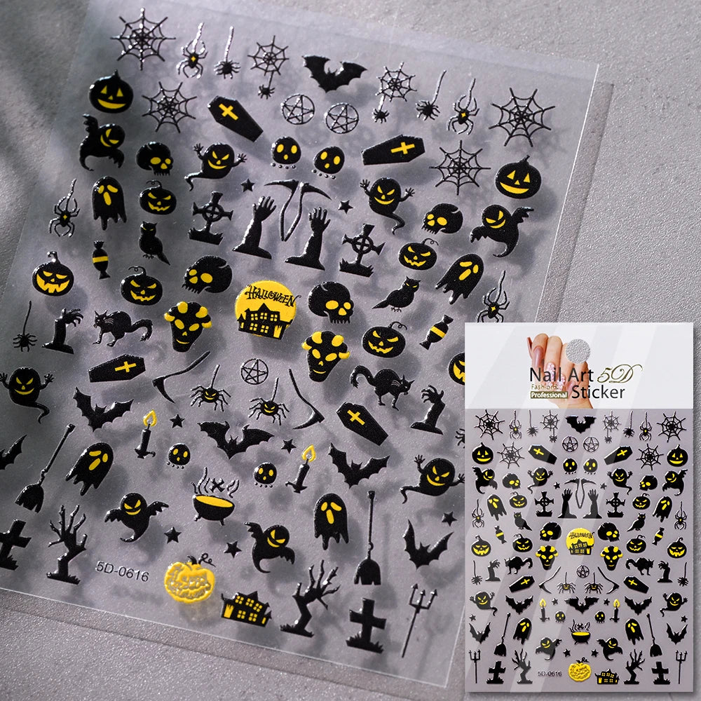 5D Skeleton Bat Halloween Nail Art Stickers y2k Black Bat White Skull Adhesive Emobossed Nail Decorative Decals Halloween Slider