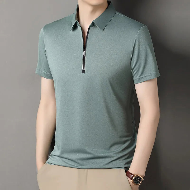 New Men's Business Casual Zipper Short Sleeve Solid Color Polo Shirt Fashionable Warm Comfortable Four Seasons Versatile Top