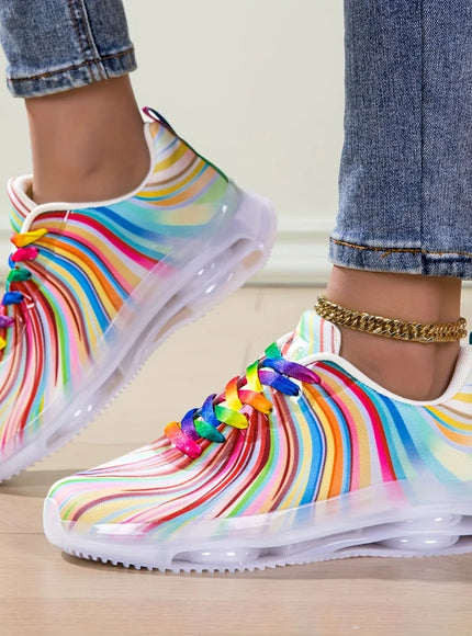 Women's Rainbow Stripe Casual Sports Shoes Summer Mesh Fashion Flat Beach and Leisure Holiday Lace-up Running Shoes for Ladies